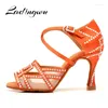 Dansschoenen ladingwu latin salsa vrouwen glanzende strass roodbruine satijnen balzaal zachte bodem