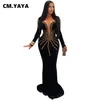 Cm.yaya feminino diamantes shinestones veludo manga longa sereia aniversário bodycon midi maxi vestido 2024 Vestidos longos de festa sexy 240409