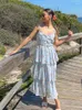 Lässige Kleider ärmelloses floraldrucks gekräuseltes Midi -Kleid Fashion Frühling Sommer Boho Beach Style Schnürung Rückenfreier langer Sunddress elegant