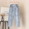 Pants Cartoon embroidered jeans female large size spring and autumn new fashion literature high waist nine points casual haren pants