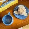 Muggar handmålade den blå himlen och vita molnen kaffekopp med tefat keramisk handgjorda te set söt gåva