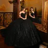 Black Shiny Sweetheart Quinceanera s'habille des perles à paillettes à paillettes Crystal Chapel Train Corset Prom Vestido de Debutante 15 Anos