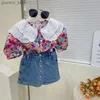 Set di abbigliamento per bambini ragazze in giro floreale a maniche corte a manichette + culotte in denim 2 pezzi abiti 2023 nuovi set di abbigliamento estivo per bambini y240412