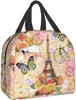 Paris Eiffel Tower Butterfly and Flowers lanch saco compacta bolsa de lancheira reutilizável contêiner para mulheres trabalhos de escritório escolar