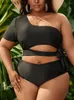 Women's Swimwear VigoJany 2024 Black One Shoulder 2 Piece Plus Size Bikini Women Short Sleeve Push Up Large Swimsuit Hollow Chubby Bathing