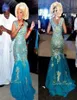 Robes de mariée de sirène traditionnelle africaine sexy Turquoise Blue Vneck Gold Appliques Tulle Sweep Train Nigeria Brides Bridal Robes7588003