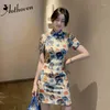 Robes de fête 2024 Imprimé de fleur d'été Vintage Cheongsam robe femme à manches courtes Mandarin Collier Slim Elegant BodyCon