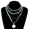 Pendant Necklaces Stunning Statement Necklace Boho Layered Turquoise Pearl Beaded Set With Paperclip Metal Chain Circle Choker For Women