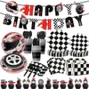Гоночная вечеринка поставляет автомобильные колесные тарелки чашки салфетки черно белая клетчатая скатерть таблица мальчика гоночной машины тема дня рождения декор вечеринки