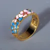 Klusterringar 925 Silver utsökt och elegant blommaemalj Drop Female Ring Pink Blue Epoxy Engagement Wedding Jewelry