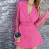 Casual Dresses Women Elegant Dress Coat With Belt Mesh Solid Color Lace Long Sleeve Chic Outerwear Ladies Prom Party Female Vestidos