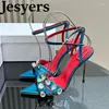 Dress Shoes Women Pointed Toe Genuine Leather Sandals Rhinestone Decoration Thin High Heels Ankle Strap Sandalias Summer Party