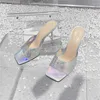 Slippare Summer Square Toe Real Leather Crystal High Heel Women Fashion Sexy Thin Party Ladies Stiletto 2024