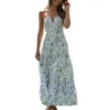 Abiti casual Donne vestiti Floral Stampa Halter Maxi per una prendisole per la spiaggia di vacanza con patchwork a pieghe di spalla