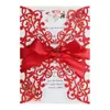 Chinese Red Wedding Invitation Card Glitter Laser Cut Lace Greeting Card Celebratory Party Ribbon Invitation Card with Envelope