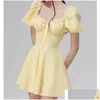 Urban Sexy Dresses Party Sweet Women Lace Trim Yellow Dress Vintage Puff Sleeve Ladies A-Line Mini Summer Lacing Up Robe Drop Delivery Dhmcx