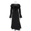 Повседневные платья Женщины обезвреживают A-Line Long Vintage Dress Осень 2024 Элегантная женская кружевная половая рукава Slim Dot