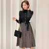 Casual Dresses Autumn Women's Korean Office Sticking Sweater Dress Fashion Lady Sticked Spliced ​​Plaid High midje Pullover A-Line