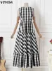 Casual Dresses Summer Maxi Long Dress VONDA Elegant Women Plaid Sundress 2024 Bohemian Sexy O-Neck Sleeveless Printed Party Beach Robe