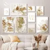 Nordic Gold White Flowers Leaves Picture Canvas Painting Wall Art Poster and Print Beige Landscape Home Decor Living Room Design