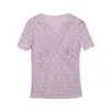 Women's T Shirts 2024 Summer Lace Tees Female Short Sleeve Crossed V Neck Stretchy TShirt Slim Tops For Women