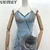 Lässige Kleider Mode 3d Blume Ruffenröhren-Top Kleid 2024 Sommer Unregelmäßiges schlankes Denim-Fischschwanz und Hosentuch Zwei-teiliger Set