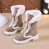 Boots Women's Fuzzy Lined Lace-up Chunky Heel Ankle Platform Winter Snow Flock Fur Mid-Calf Wedges Women Warm