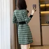 Casual Dresses Vintage Printed Knitted Sweater Dress Women Long Sleeve Buttons Slim Short A-line Female Sexy Office Mini