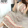 Uzun Bayan Elbise Boho Etnik Bohem Beach Pamuk Karışımı Yapay Çiçek Kısa Kol Vneck Vintage Tatil Vestidos Robe 240412