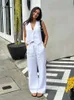 Chaxiaoa Summer Branco linho de duas peças para mulheres com mangas de moda com calças largas de cintura alta correspondente 240412