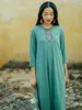 Casual Dresses Top Vintage Brodery Bambu Fiber Loose Fashion O-Neck Pullover Green Long Dress