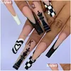 False Nails 24Pcs/Set Ballerina Nail Black White Detachable Press On Art Diy Wearable Fl Er Tips Drop Delivery Health Beauty Salon Dhxzy