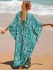 Robes sexy urbaines boho grn imprimer la robe de plage décontractée en V Vatwing slve côté partout kaftan 2024 femmes vêtements d'été robes maxi Q1297 T240412