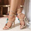 Liyke Bohemian Style Color Color Gem Strap Designer High Heels Gladiator Sandales Femme Summer Open Toe Mariage Banquet de banquet 240402