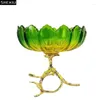 Plates Green Lotus Glass Fruit Plate Metal Branch Bracket Transparent Fruits Tray Bowl Desktop Candy Storage Basket