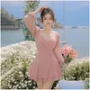 Womens Swimwear Plus Size Swimsuits Women Pink/Black Skirt One Piece Mesh Bathing Suit Boyshorts Long Sleeve Spring Clothing Drop Deli Dhwbc