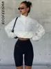 Kurtki damskie Boofeenaa Street Style stoisko kołnierz sznurka zip ucięty jesień 2024 mody kobiety ubrania białe płaszcze C95-FI35