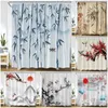 Shower Curtains Bamboo Curtain Red Flowers Plant Lotus Bird Carp Mountain Asian Ink Landscape Wall Hanging Fabric Bathroom Decor