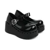 Casual skor pu patent läder stängd tå vanlig svart bred bredd spänne band flickor plattform lägenheter kawaii lolita street punk mary janes