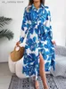 Grundläggande casual klänningar 2023Spring Summer Skinny Long Dress Women Elegant Vintage Print Shirt Skjorta Casual Lapel Button Slit Soe Up Long Slve Maxi Vestidos T240412