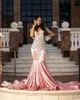 Rose Pink Velvet Sparkly Prom Faculdade de festa para Garota Negra Silver Diamond Crystal Mermaid Night Vestido de Gala