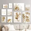 Nordic Gold White Flowers Leaves Picture Canvas Painting Wall Art Poster and Print Beige Landscape Home Decor Living Room Design