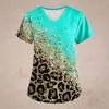 Women's T Shirts Summer Retro Leopard Printed Scrub Working Uniform Tops For Women Cross V-Neck Short Sleeve Lovely Fun T-Shirts Korean