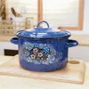 EMAMEL SOUP POT Blue Star Highlight Curl Storage Tank Hushåll med lock Matlagningspanna för kök Retro Pastoral Flowers Cookware