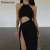 Lässige Kleider Xeemilo sexy Prom Party Schwarzes langes Kleid elegante Taille hohlaus hoher Sommer -Mode Rückenless Schnüre -up -Robe