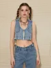 Gilet pour femmes Wsevypo rétro Summer Blue Denim For Women Fashion Sans manches Col de remin-down zipped Cropped Tops Tops Street