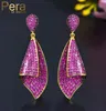 Pera Luxury Quality Rose Red CZ Zircon Elegant Conch Shape Dubai Gold Drop Earrings For Women Wedding Party 925 Jewlery E545 Dangl2908148