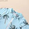 Endelar 1-5T Småbarn Girl Boy Summer Jumpsuit Blue Short Sleeved Tropical Tree Print Zippered Beach Swimsuit Y240412