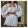 Vêtements de sommeil pour femmes shorts t-shirts à manches bouffantes blanches set costume d'été