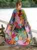 Bohemian Printed Plus Size Batwing Sleeve Belt Long Kimono Dresses Summer 2024 Women Loose Beachwear Swim Suit Cover Up Q1512 240412